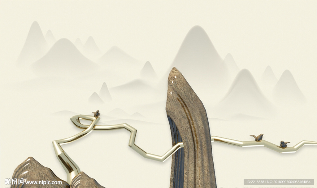 3D浮雕假山树枝小鸟背景墙