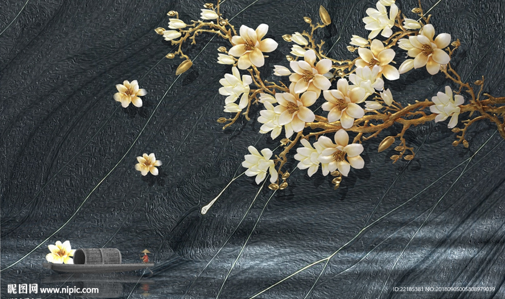 新中式立体浮雕花枝背景墙