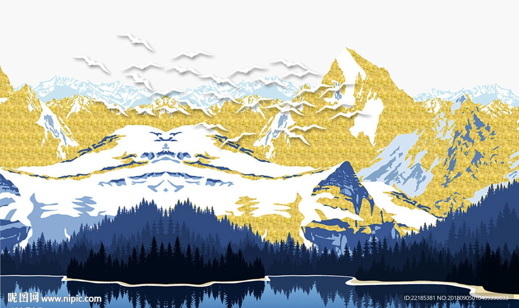 新中式金色山水画金箔背景墙