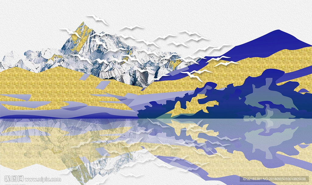 新中式金色山峰飞鸟背景墙