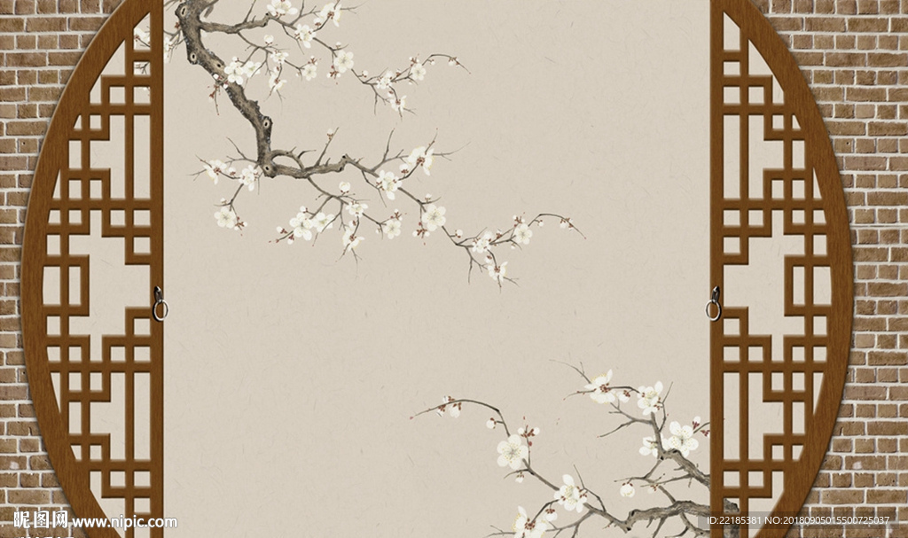 新中式古风隔断花枝背景墙