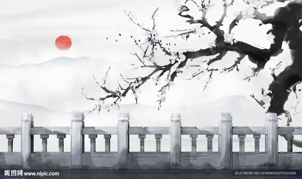 新中式花枝日出背景墙