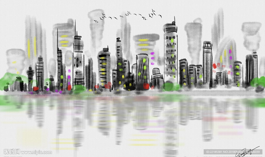 现代手绘抽象水墨城市背景背景墙