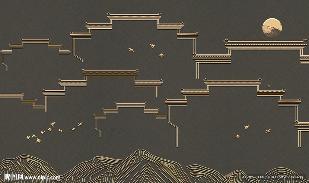 金属线条徽派城市建筑背景墙