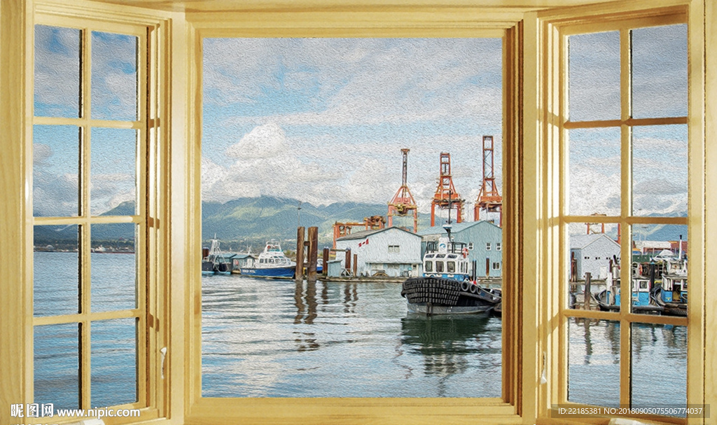 海景船只油画背景墙