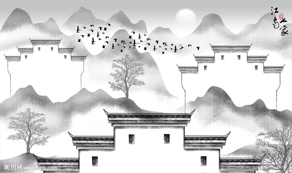 中国风徽派建筑山水背景墙