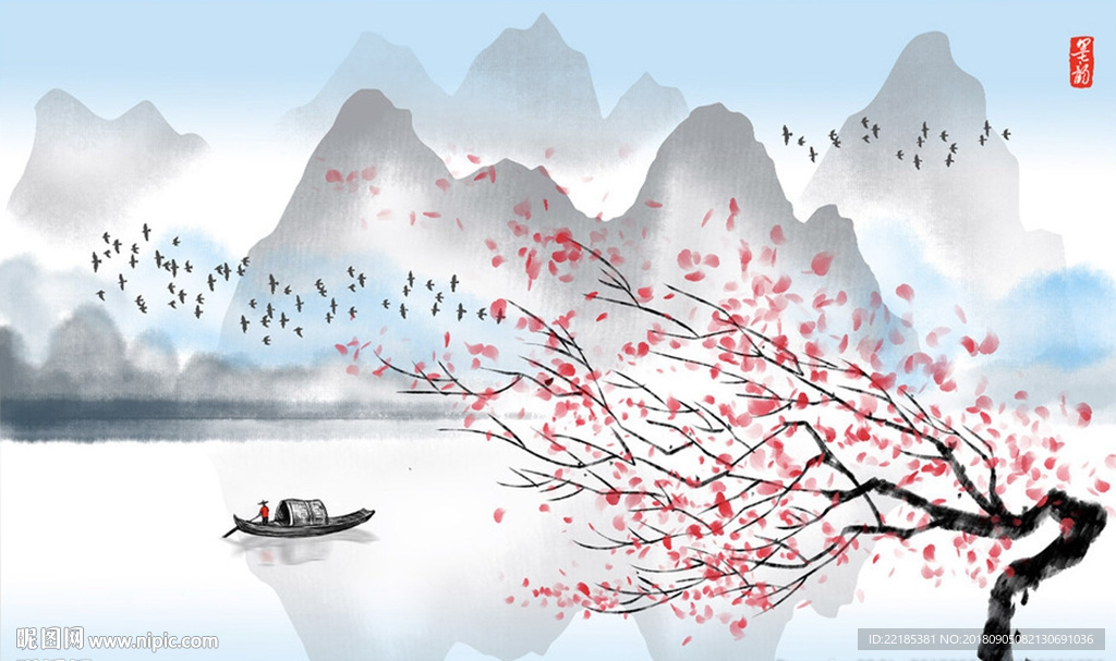 手绘意境山水画背景墙