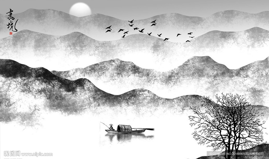 手绘抽象山水背景墙