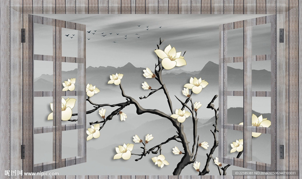 古典木纹窗玉兰花枝背景墙