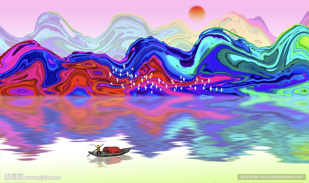 中国风彩色抽象山水背景墙