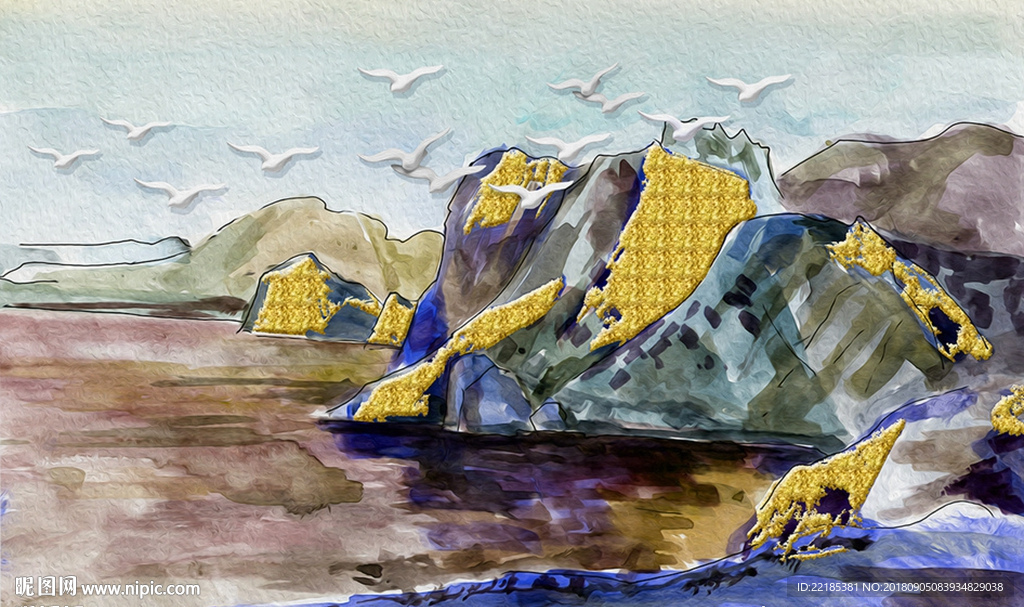 新中式手绘风景油画背景墙