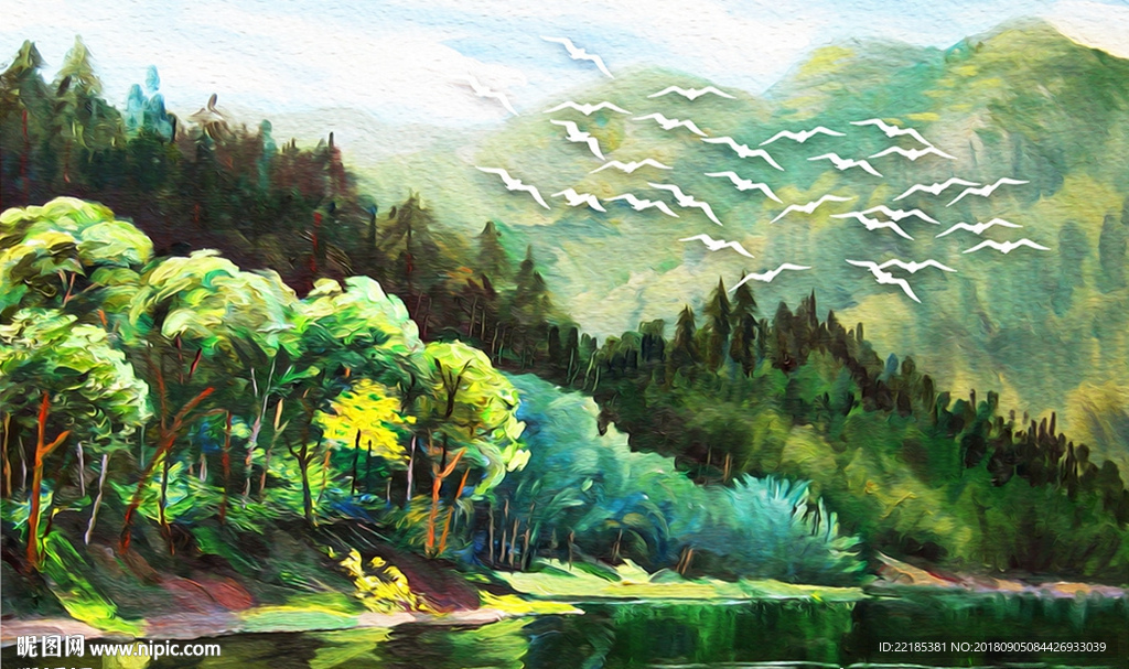新中式山林飞鸟唯美油画背景墙