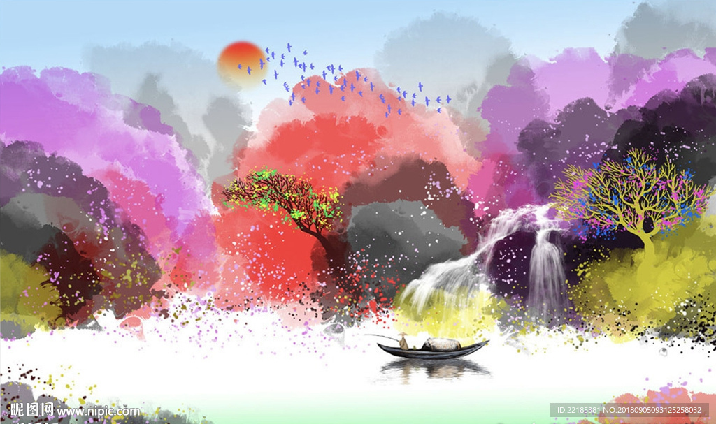 中式彩色泼墨抽象山水背景墙