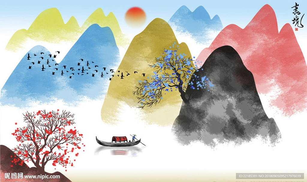 中式彩色山水背景墙