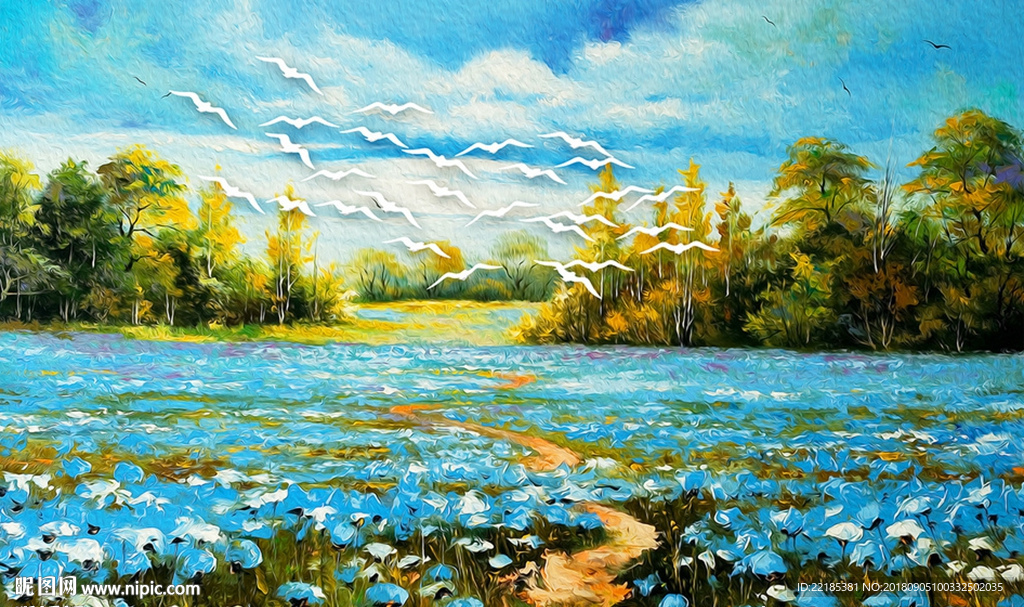 现代手绘油画风景背景墙