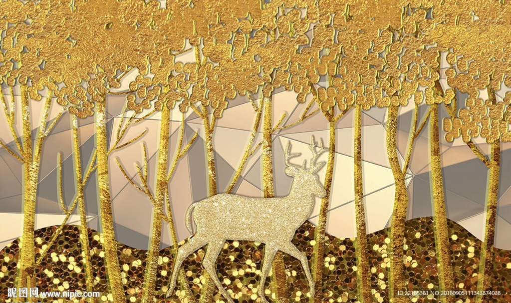 现代抽象金色麋鹿森林背景墙