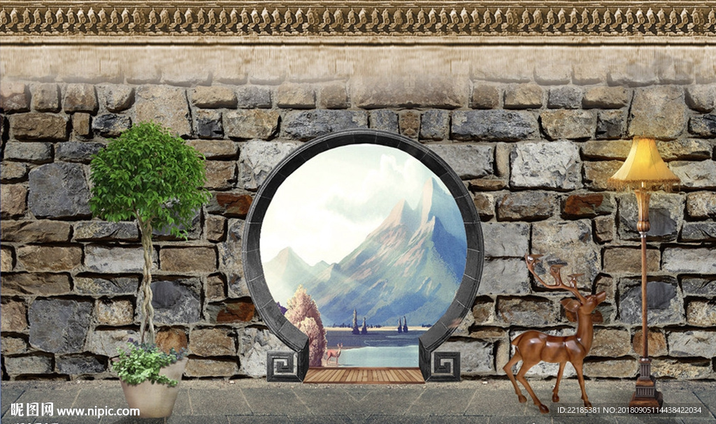 中式拱门石墙山水油画背景墙