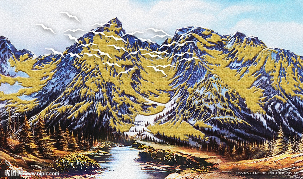新中式意境油画风景飞鸟背景墙