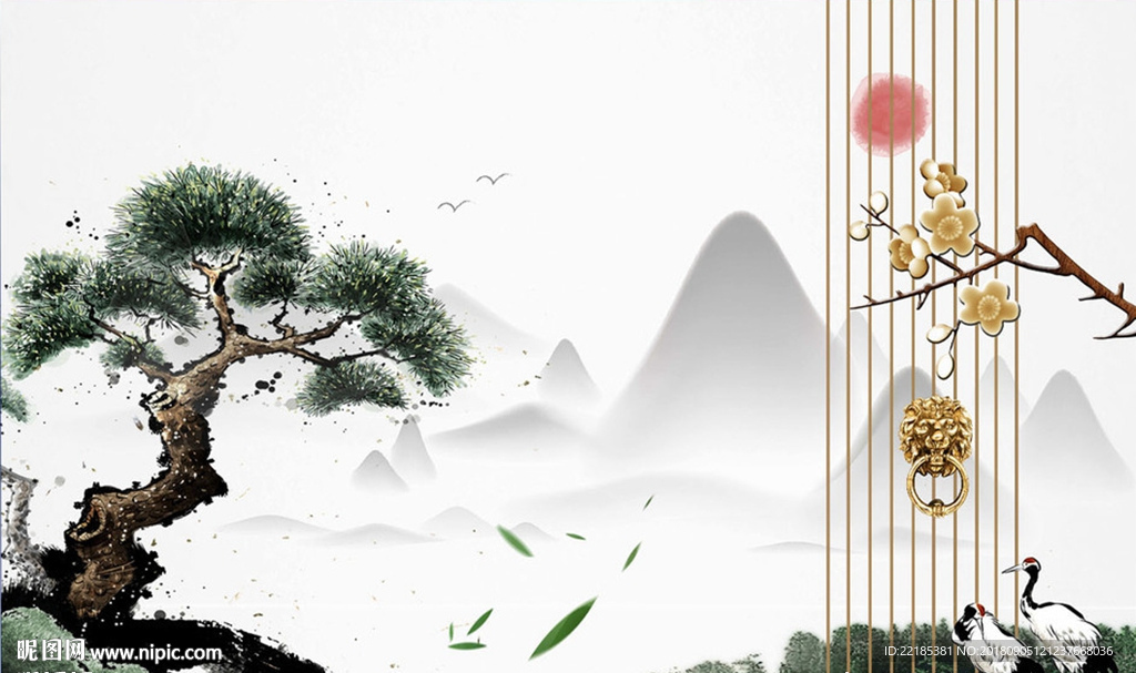 新中式水墨榕树仙鹤远山背景墙