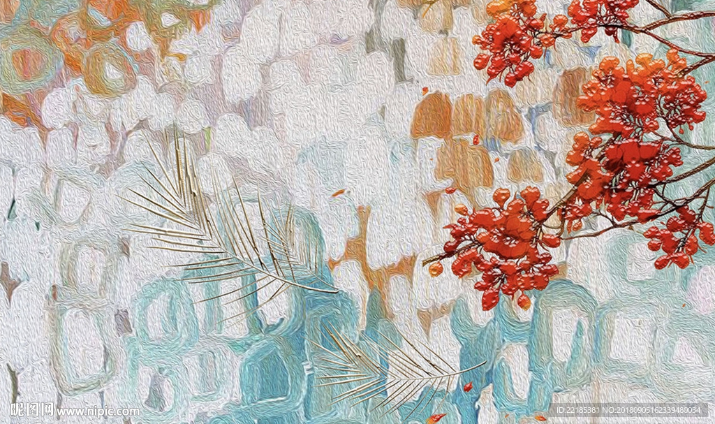 现代唯美色彩拼接金属叶子背景墙