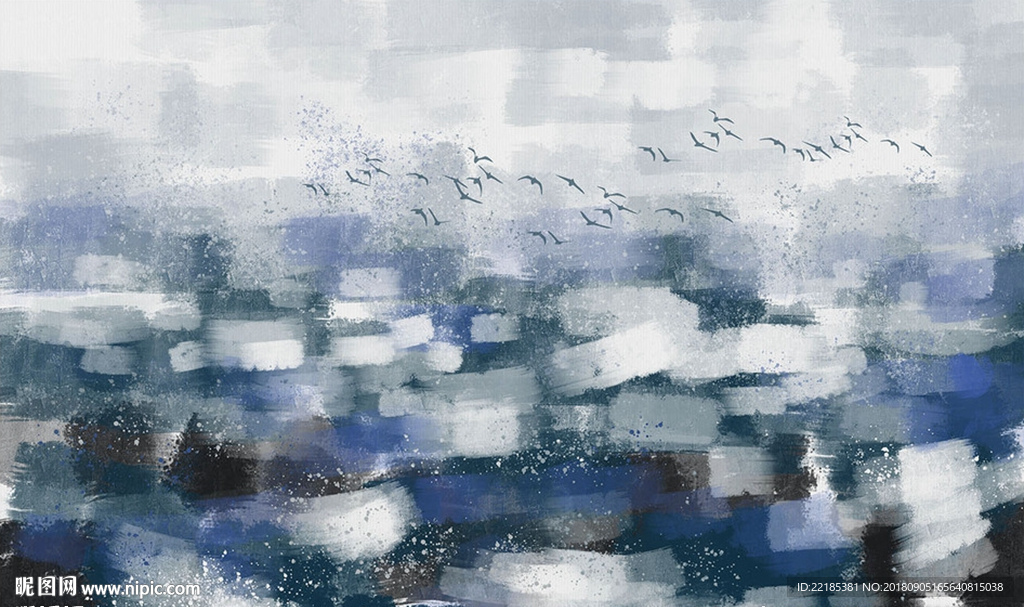 北欧蓝色抽象大海油画背景墙