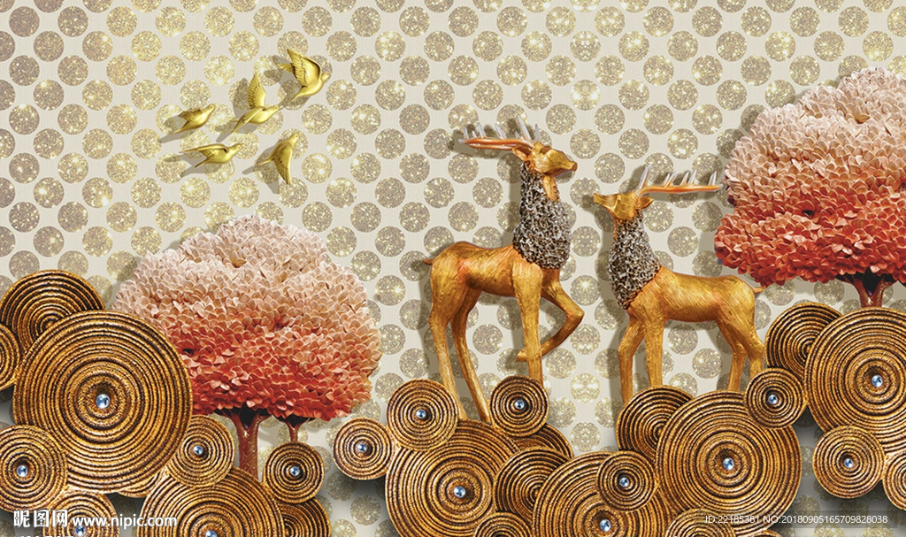 北欧金色复古麋鹿背景墙