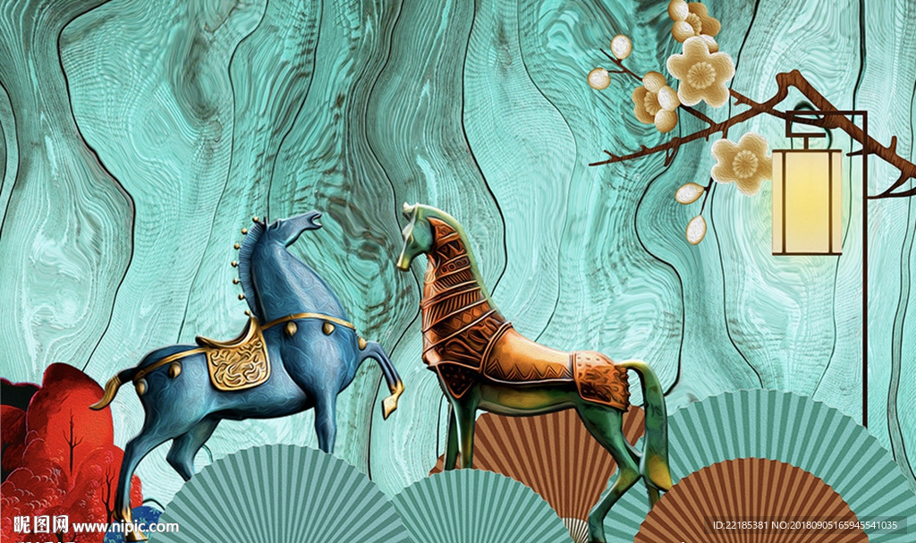 中式油画骏马背景墙