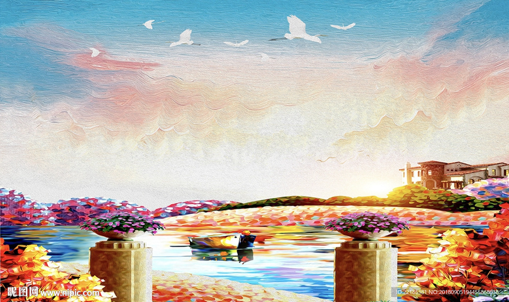 油画水彩花卉风景背景墙