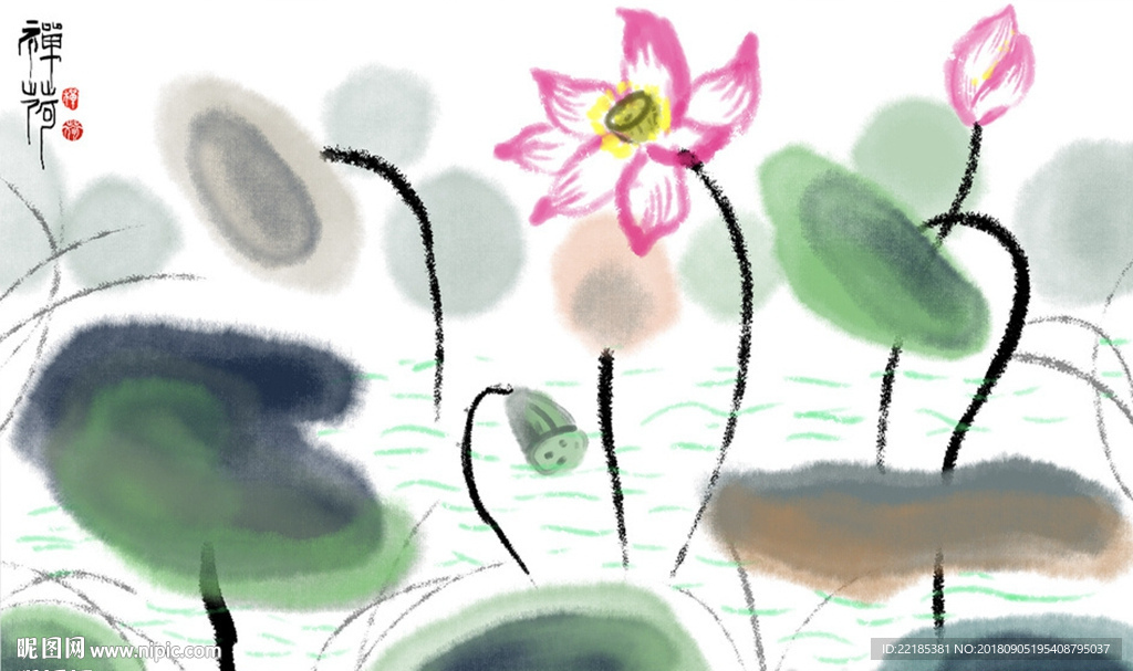 手绘禅意水墨荷花背景墙