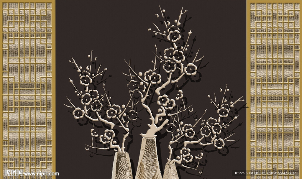 新中式梅花花瓶浮雕背景墙