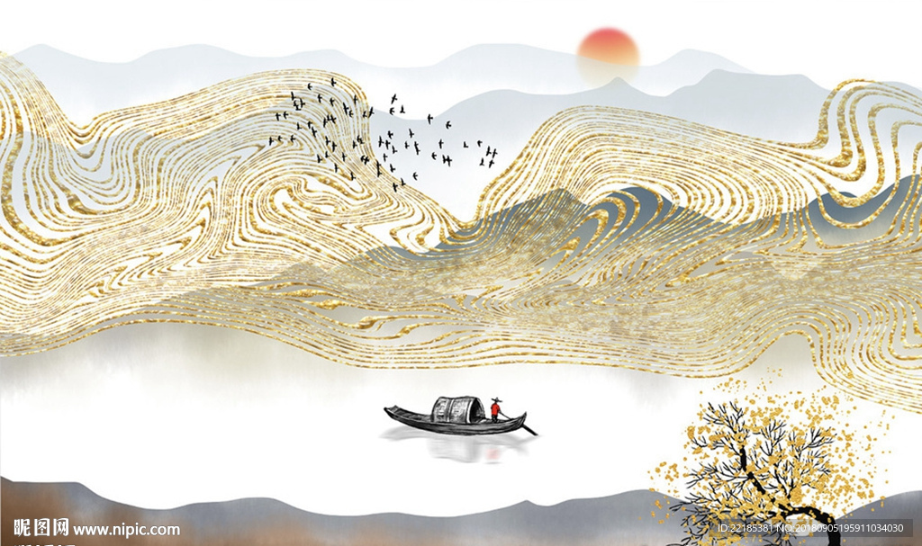 新中式金色抽象线条山水背背景墙