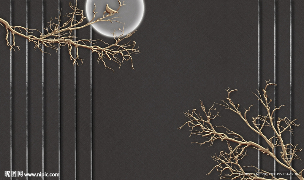 新中式简约树枝圆月浮雕背景墙