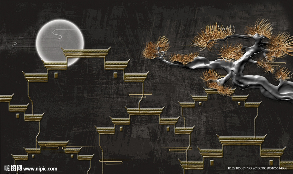 新中式浮雕小镇夜色背景墙