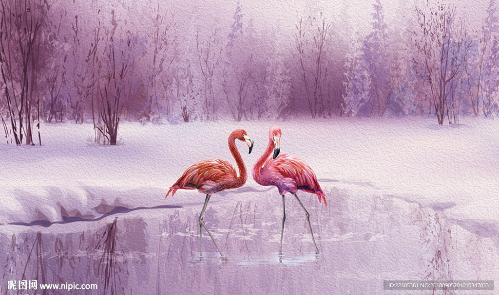 唯美雪景火烈鸟背景墙