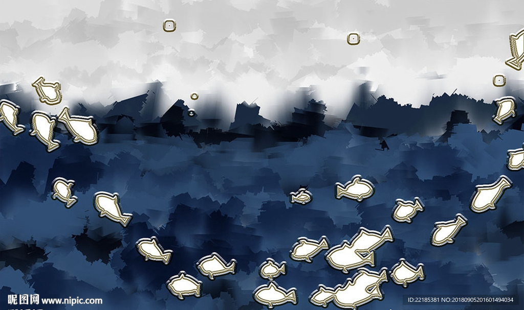 唯美油画高级蓝小鱼背景墙