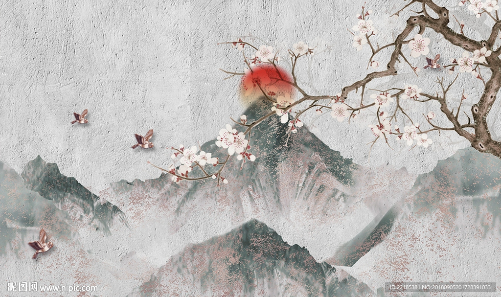 唯美意境雪山桃花飞鸟背景墙