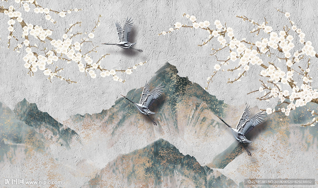 唯美雪山樱花飞鹤背景墙