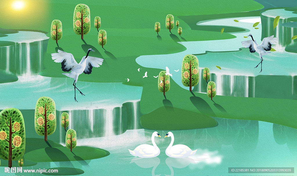 现代绿色天鹅山水画背景墙