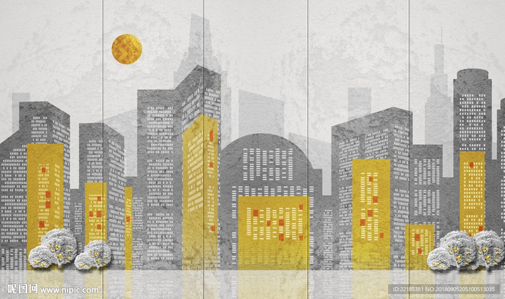 简约摩登城市剪影金灰色背景墙