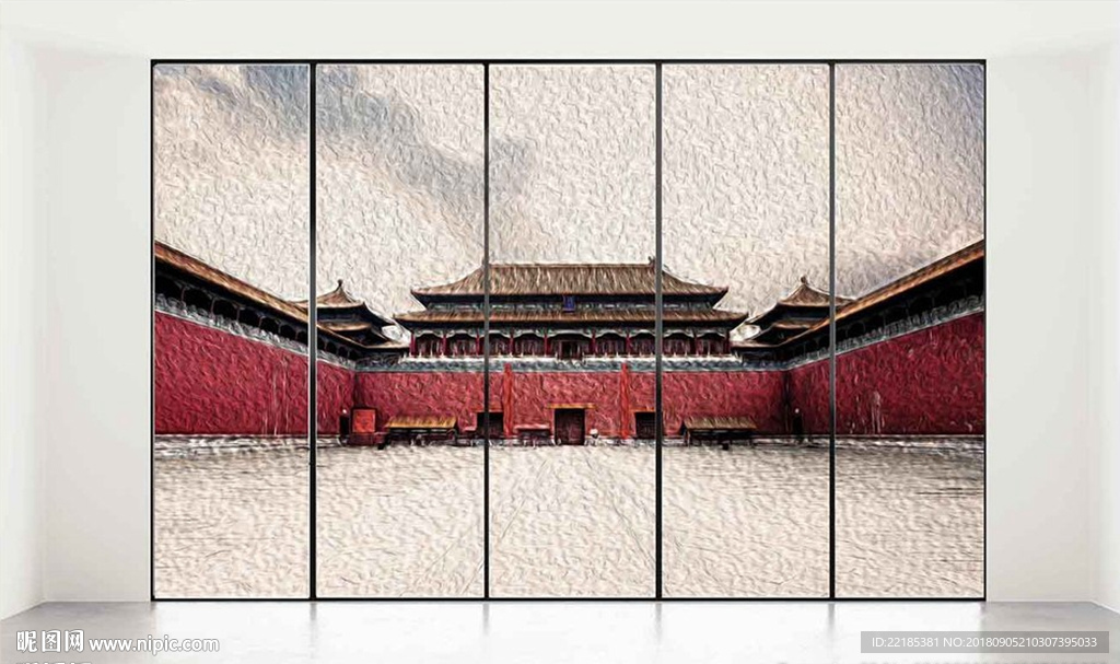 现代户外北京故宫油画背景墙