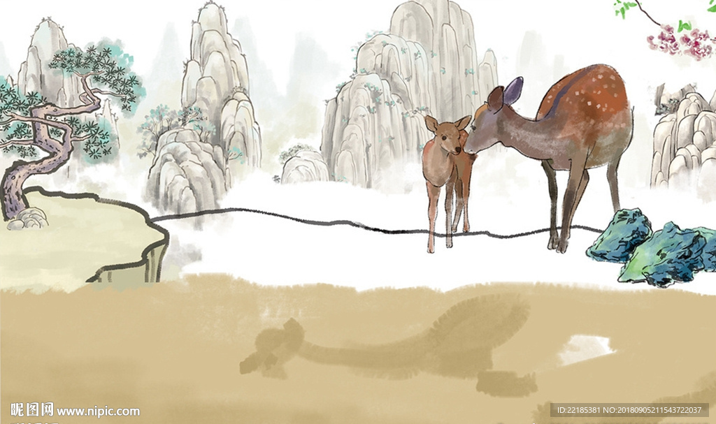 唯美动物鹿国画背景墙