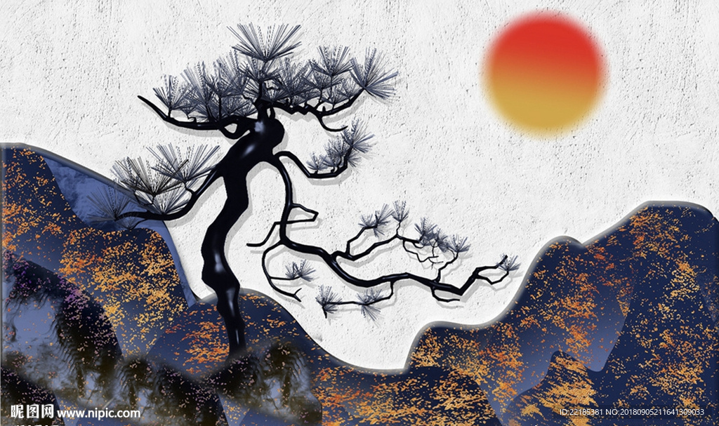 古典中式山坡古松背景墙