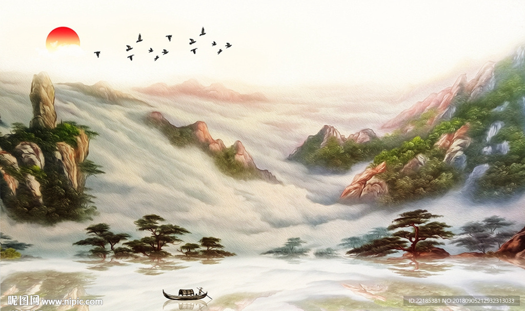 中式意境山水风景油画背景墙