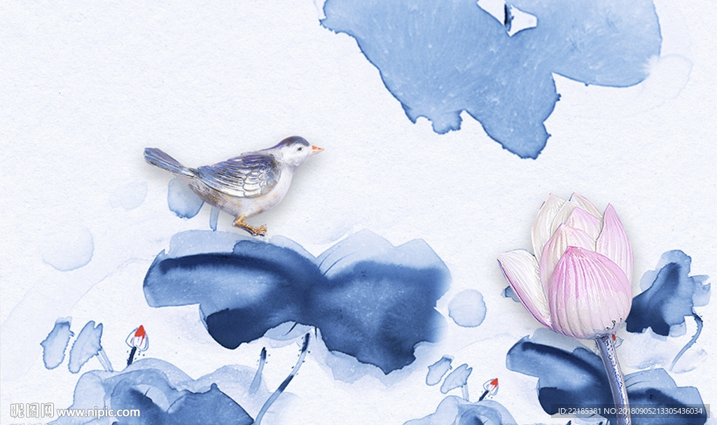 中式水墨风浮雕小鸟荷花背景墙