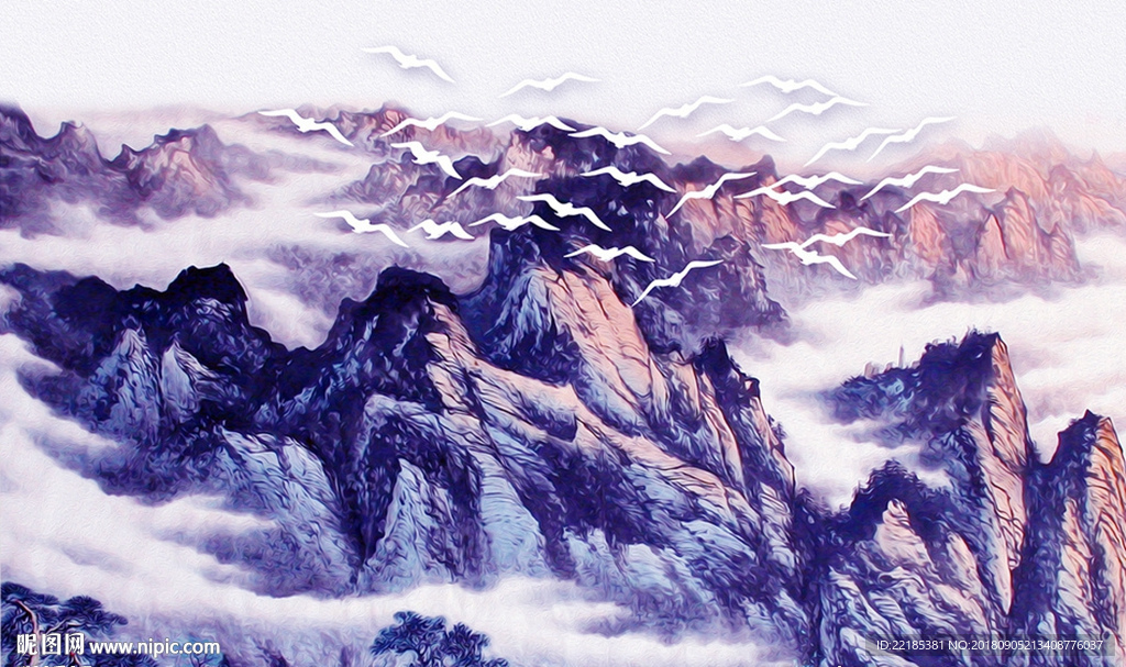 中式山水风景油画背景墙
