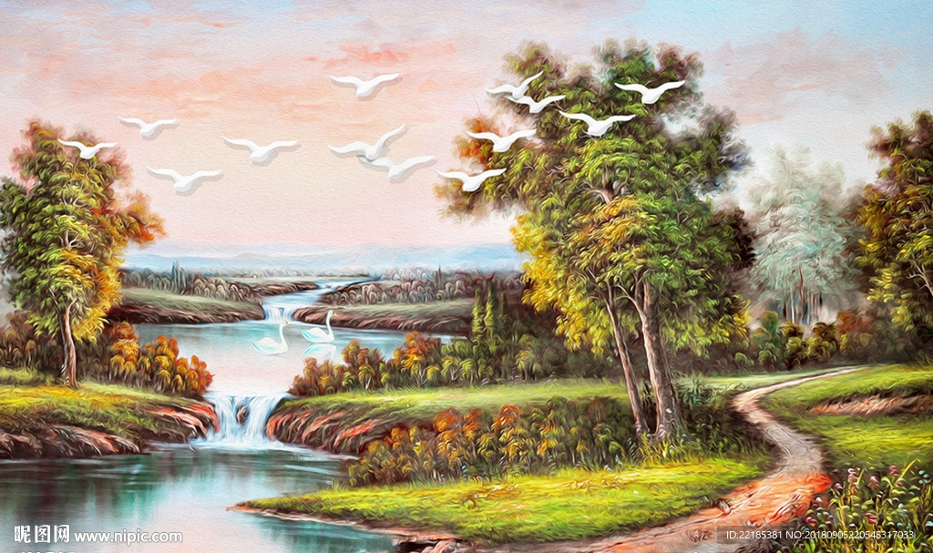 现代唯美山水风景油画背景墙