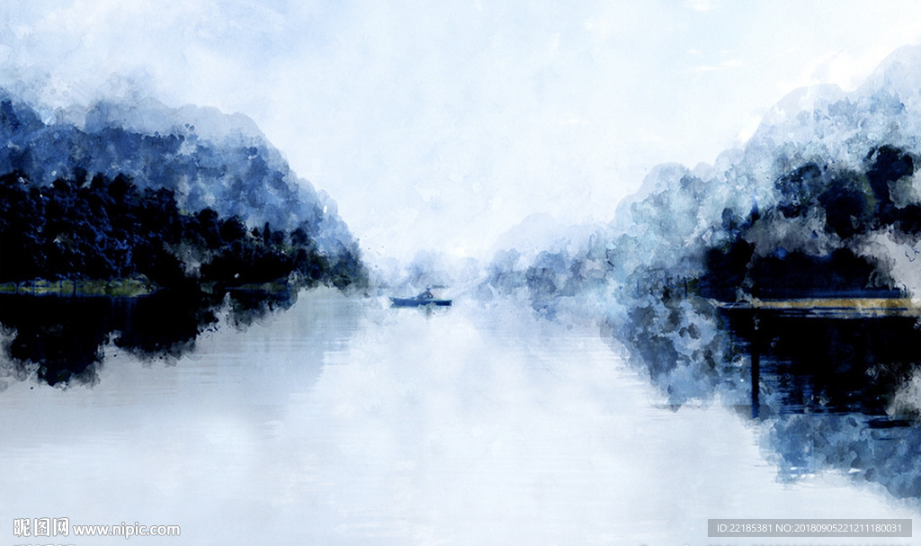 现代蓝色写意水背景墙