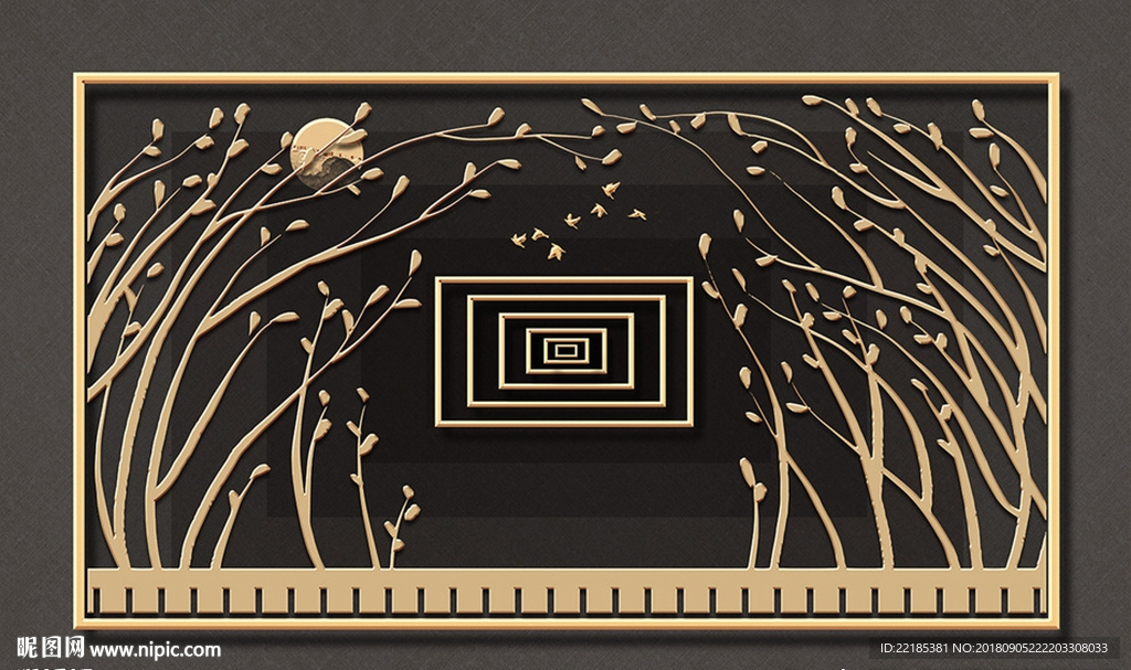 简约金属线条花朵落日背景墙