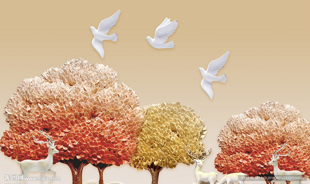 北欧风浮雕发财水麋鹿背景墙