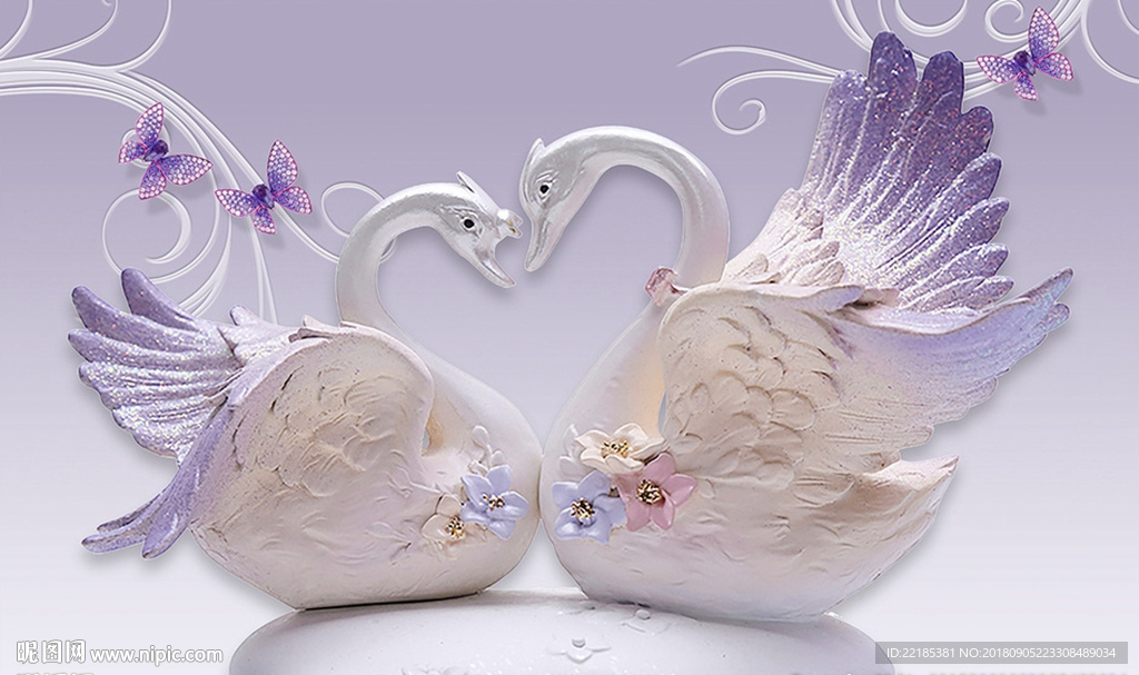 3D浮雕淡雅紫色天鹅背景墙